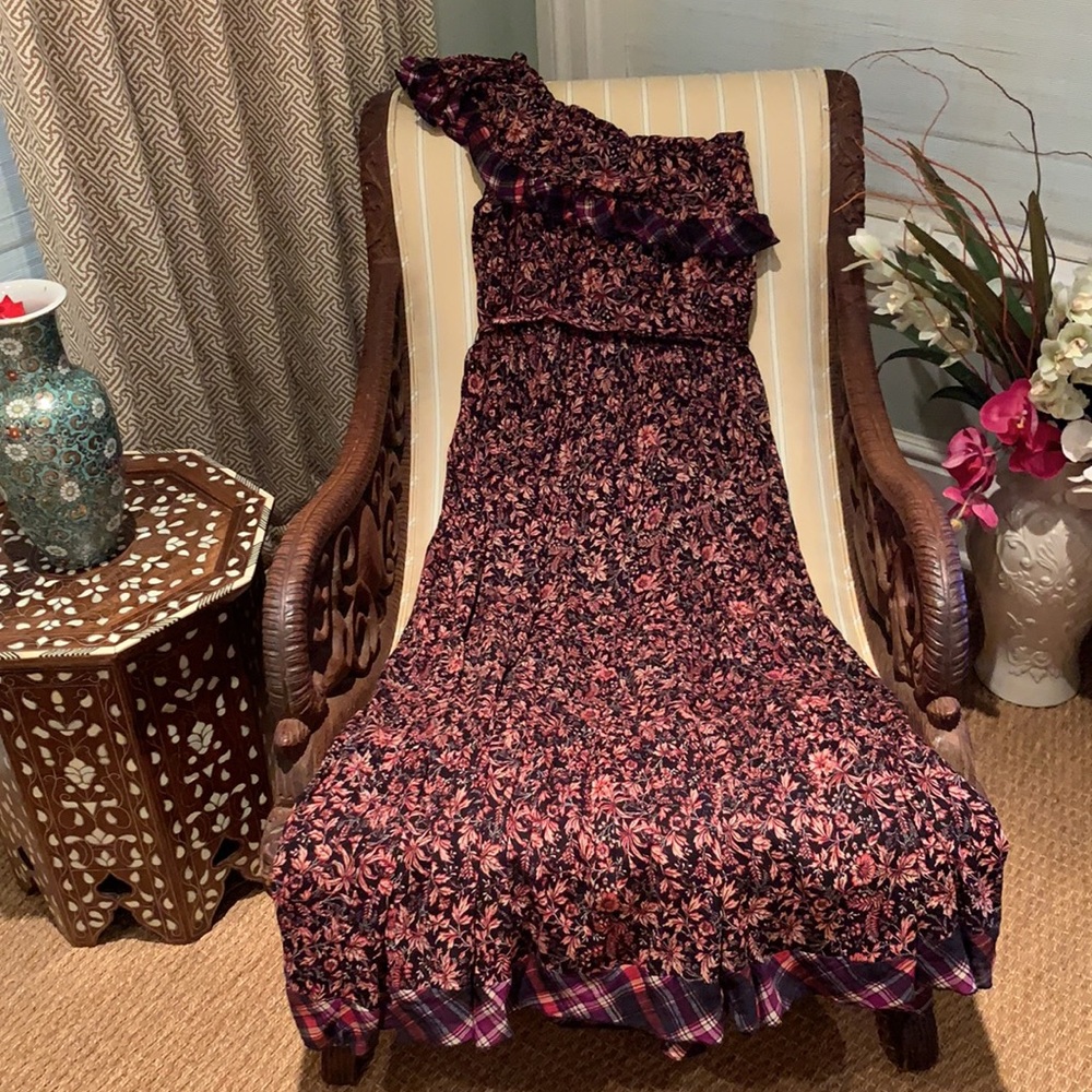 FREE PEOPLE WHAT ABOUT LOVE ONE SHOULDER FLOWY PLAID MAXI DRESS BLACK MOTIF M - Picture 14 of 16